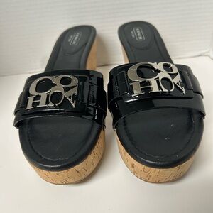 COACH Jen Black Patent Leather Cork Wedge Platform Sandals 9.5 NWOT